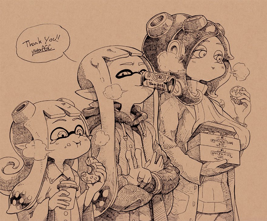 3girls artist_name breasts collared_shirt croissant domino_mask doughnut eating english female food hood hoodie hybrid inkling large_breasts mask monochrome multiple_girls parka pointy_ears ribbed_sweater shirt simple_background smile splatoon sweater takozonesu tentacle_hair tinned_coffee v yuta_agc