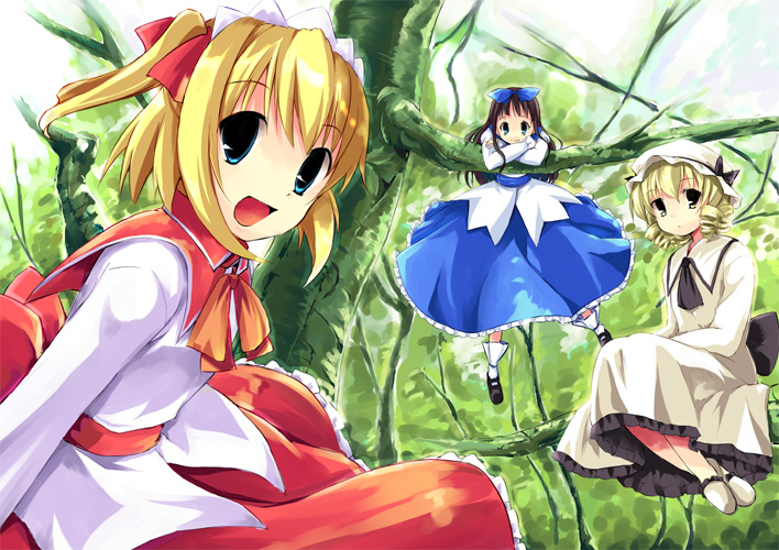 3girls :d blonde_hair blue_eyes dress fairy female hair_ribbon luna_child multiple_girls open_mouth perfect_memento_in_strict_sense ribbon smile star_sapphire sunny_milk takatsuki_tsukasa touhou twintails yellow_eyes