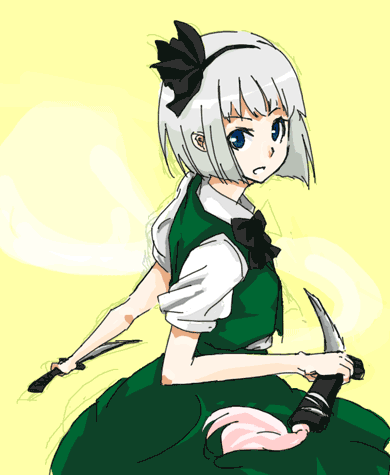 1girl bangs black_ribbon blue_eyes blunt_bangs dual_wielding female green_skirt hair_ribbon hitodama konpaku_youmu konpaku_youmu_(ghost) looking_at_viewer lowres puffy_short_sleeves puffy_sleeves ribbon shikai shikai_(iesiki_56) shirt short_hair short_sleeves silver_hair simple_background skirt skirt_set smile solo sword touhou vest weapon white_shirt