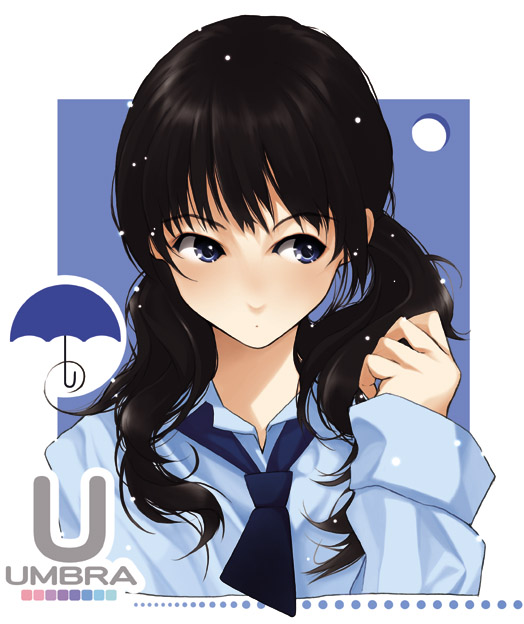 1girl black_hair blue_background blue_eyes blue_necktie blue_shirt collared_shirt color_guide engrish hair_over_shoulder holding holding_hair long_hair long_sleeves looking_away looking_to_the_side necktie original portrait ranguage shirt short_necktie solo text twintails umbrella wakatsuki_sana water_drop wet wet_hair
