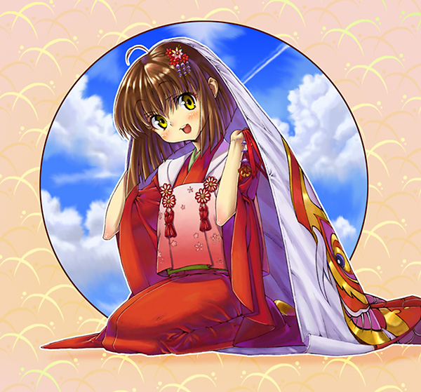 1girl ahoge bangs blue_sky blush brown_hair clouds cloudy_sky flower hair_ornament japanese_clothes kink kneeling open_mouth seiza short_hair sitting sky smile solo yellow_eyes