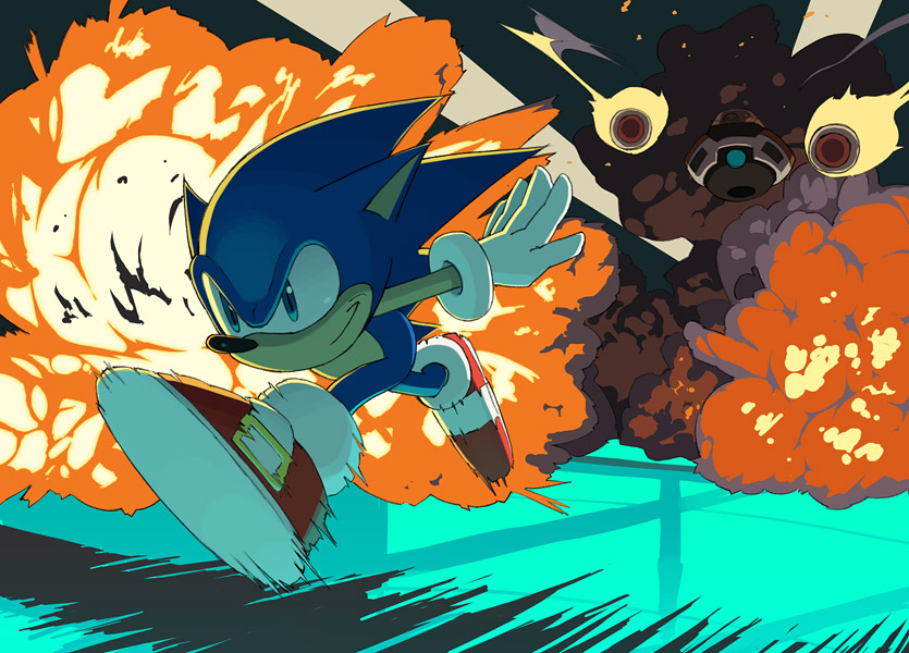 blue_eyes dr._eggman explosion fast fire game_console gloves go_robots missile motion_blur no_humans running sega sega_mega_drive smirk sonic sonic_team sonic_the_hedgehog white_gloves