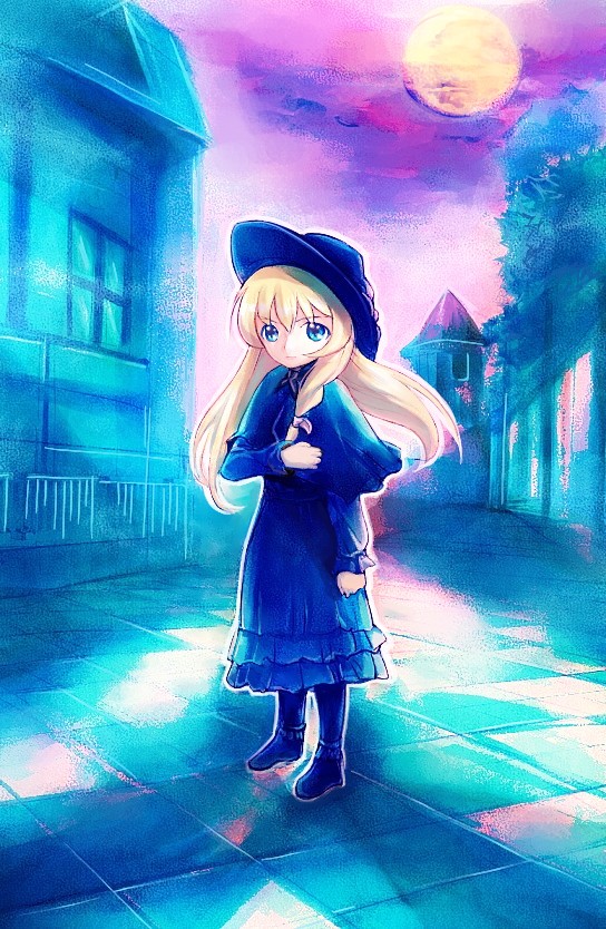 1girl blonde_hair blue_eyes boots cosette cosette_tholomyes dress full_moon les_miserables long_hair looking_at_viewer moon night nippon_animation osamu solo tiles world_masterpiece_theater