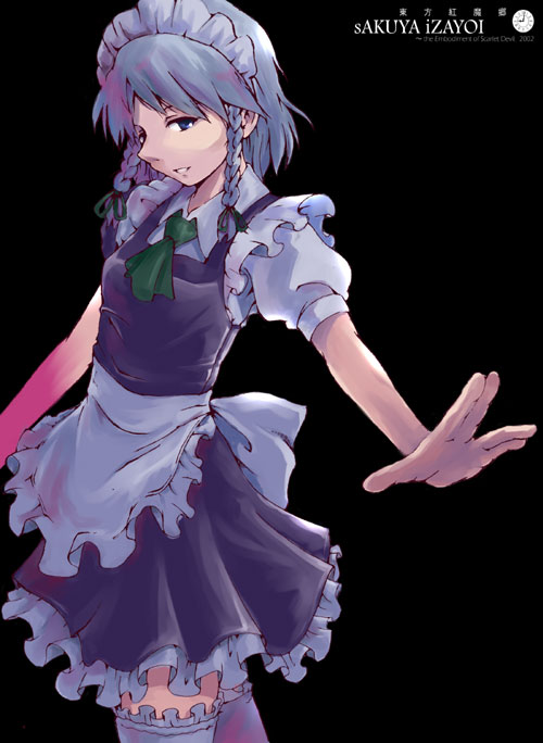 1girl apron blue_eyes braid character_name female izayoi_sakuya looking_at_viewer maid maid_apron maid_headdress marionette_online necktie outstretched_arm satomura_kyou short_hair silver_hair smile solo standing thigh-highs touhou twin_braids zettai_ryouiki