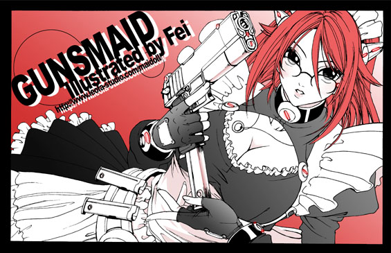 combat_maid fei_(maidoll) glasses gun maid original redhead short_hair trigger_discipline weapon