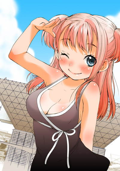 1girl bare_shoulders blue_eyes breasts cleavage inuburo long_hair original pink_hair salute solo tan tanline tokyo_big_sight twintails two_side_up