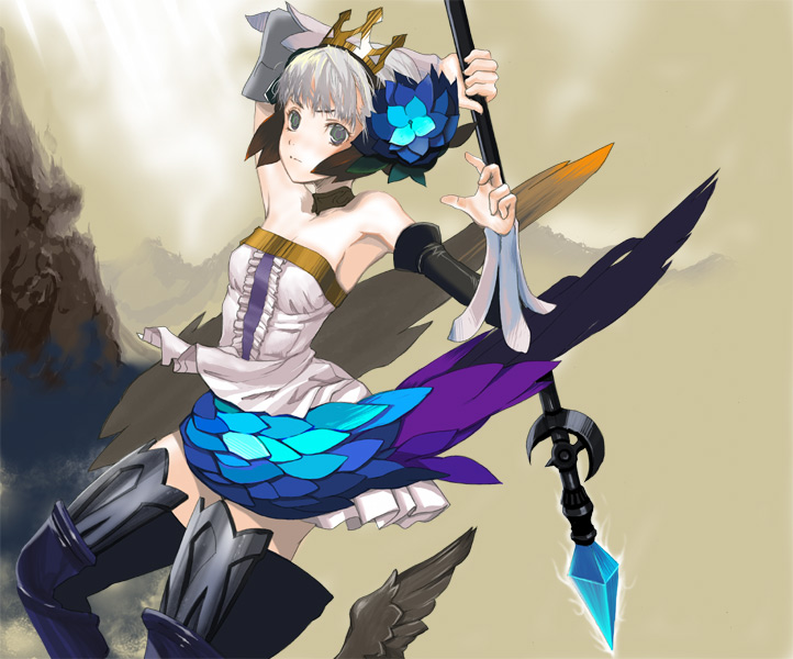 1girl armor armored_dress brown_background dress fuyuno_haruaki gwendolyn odin_sphere solo strapless_dress thigh-highs