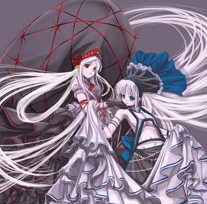 2girls bangs blue_eyes bow cradle_(artist) dress flower gloves gown hair_ornament kuroya_shinobu lolita_fashion long_hair midriff multiple_girls navel pearl red_eyes ribbon rose tagme tattoo very_long_hair white_hair wind