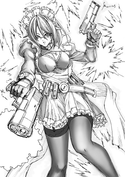 1girl breasts combat_maid dual_wielding fei_(maidoll) female gun maid monochrome original short_hair solo weapon