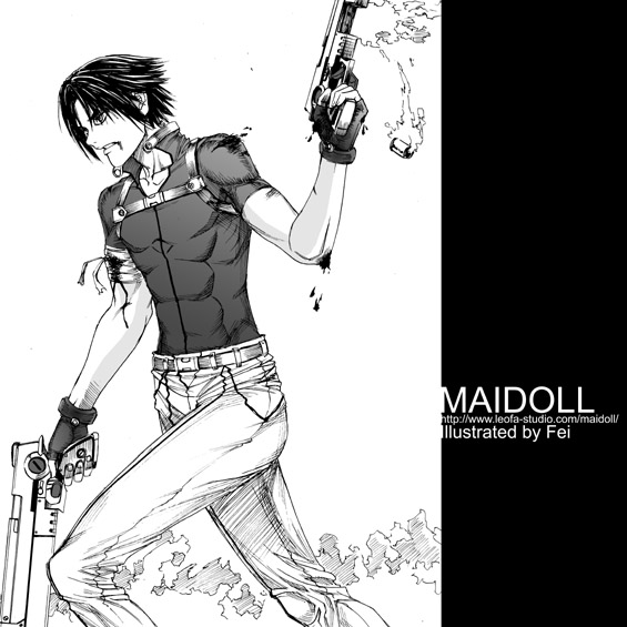 1boy fei_(maidoll) gun male_focus monochrome original solo weapon white_background