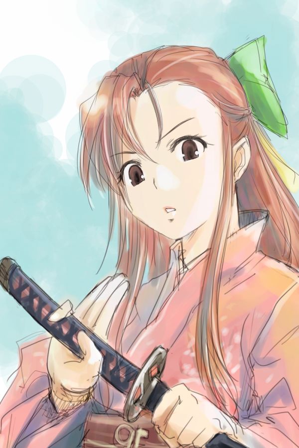 1girl 95-tan bow brown_eyes brown_hair hair_bow half_updo japanese_clothes katana kimono michael os-tan solo sword weapon