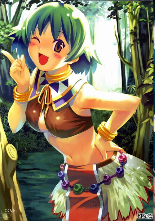 1girl bare_shoulders belt blush bracelet breasts brown_eyes choker cleavage crop_top forest green_hair hand_on_hip hips jewelry koutaro leaning_forward loincloth midriff morgan_(tears_to_tiara) nature navel one_eye_closed open_mouth outdoors ribbon short_hair skirt smile solo tears_to_tiara tree wink