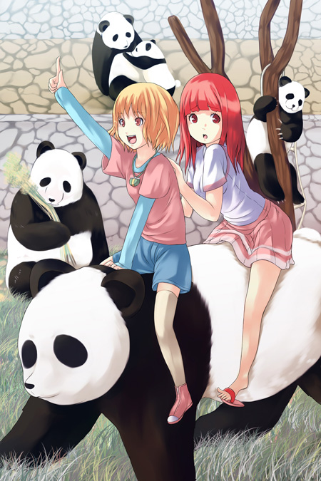 2girls animal bear blonde_hair full_body looking_at_viewer multiple_girls original panda pink_legwear red_skirt redhead short_hair sitting skirt spread_legs straddling thigh-highs tomihero upright_straddle zettai_ryouiki