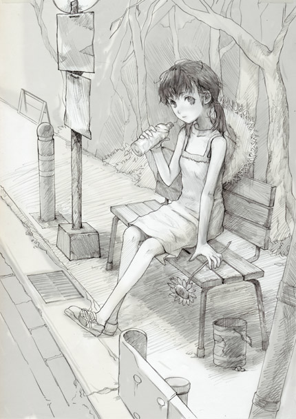 1girl bare_shoulders bench breasts bus_stop cleavage collarbone full_body fuyuno_haruaki loafers looking_at_viewer monochrome original road shoes sidewalk sign sitting small_breasts solo street