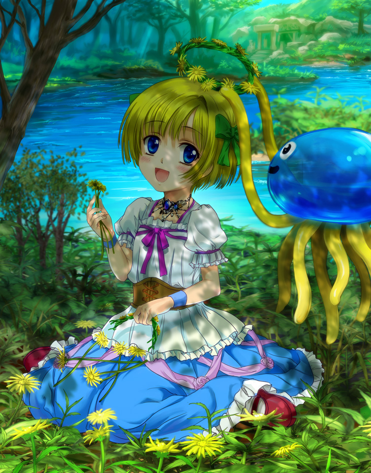1girl :d bianca's_daughter blonde_hair blue blue_eyes blush bob_cut bow child corset dandelion dappled_sunlight dragon_quest dragon_quest_v dress flat_chest flower flying forest frills hair_bow happy head_wreath hoimi_slime jellyfish jewelry mary_janes mutsuki_(moonknives) nature necklace on_ground open_mouth outdoors ribbon rose shade shoes short_hair sitting smile socks solo sunlight tentacle tree tree_shade wariza water wristband