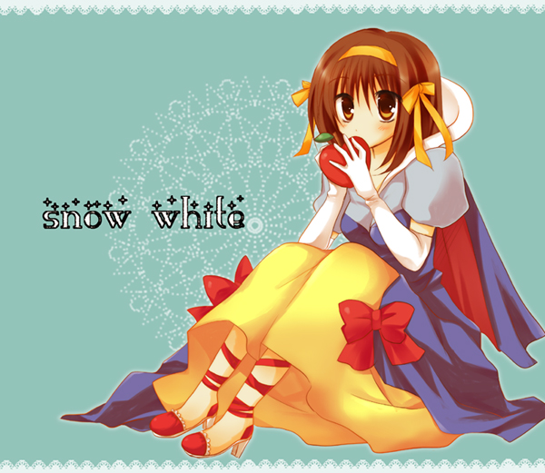 1girl apple brown_hair elbow_gloves food fruit gloves grimm's_fairy_tales holding holding_fruit parody pokopi short_hair snow_white snow_white_(grimm) snow_white_and_the_seven_dwarfs solo suzumiya_haruhi suzumiya_haruhi_no_yuuutsu