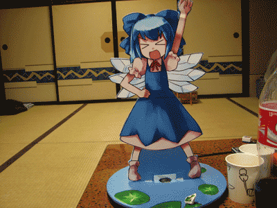 &gt;_&lt; 1girl animated animated_gif cirno closed_eyes female hirosato lowres open_mouth photo saturday_night_fever smile solo spinning touhou
