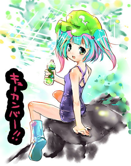1girl boots female full_body gradient gradient_background kawashiro_nitori looking_back multicolored_hair one-piece_swimsuit pepsi pepsi_ice_cucumber rock school_swimsuit shige soda solo swimsuit touhou water white_background