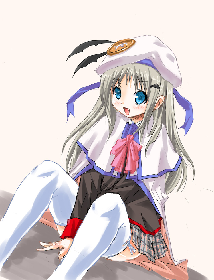 1girl 55kb blue_eyes bow buttons cape fang hat large_buttons little_busters!! long_hair noumi_kudryavka pink_bow plaid plaid_skirt silver_hair skirt solo thigh-highs