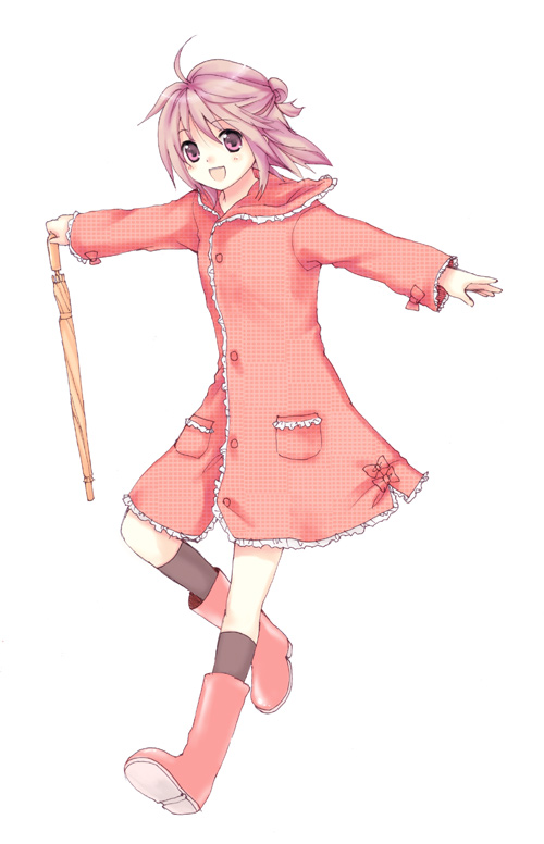1girl :d ahoge boots closed_umbrella coat open_mouth original outstretched_arms pink_boots pink_eyes pink_hair raincoat rubber_boots short_hair smile solo spread_arms umbrella usashiro_mani