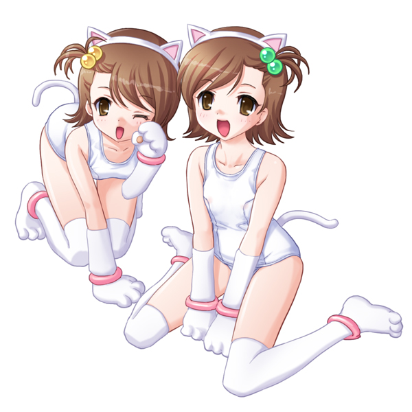 2girls all_fours animal_ears breasts brown_eyes brown_hair cat_ears erect_nipples flipped_hair futami_ami futami_mami gloves idolmaster multiple_girls one-piece_swimsuit paw_gloves paws school_swimsuit siblings sisters small_breasts swimsuit tadano_akira thigh-highs twins white_school_swimsuit white_swimsuit