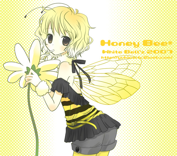 1girl bee_girl blonde_hair brown_eyes cowboy_shot insect_girl insect_wings looking_at_viewer monster_girl original shima_yukiwa short_hair simple_background solo standing text wings yellow yellow_background
