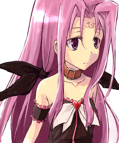 1girl armband ascot bow broken_heart collar frown hair_bow long_hair lowres lutecia lutecia_alpine lyrical_nanoha magical_girl mahou_shoujo_lyrical_nanoha mahou_shoujo_lyrical_nanoha_strikers purple_hair simple_background solo strapless upper_body violet_eyes white_background