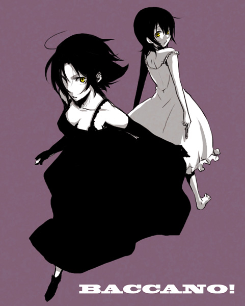 2girls ahoge baccano! back-to-back barefoot breasts chane_laforet cleavage collarbone copyright_name dress elbow_gloves full_body gloves looking_at_viewer looking_back monochrome multiple_girls ponytail riza_laforet short_hair standing toes