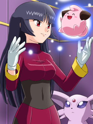 1girl 90s bangs black_hair blunt_bangs cleffa espeon gloves gym_leader hime_cut long_hair lowres natsume_(pokemon) nintendo pokemoa pokemon pokemon_(game) pokemon_rgby promotions psychic red_eyes smile