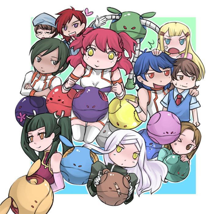 3boys 6+girls ;o armlet bad_anatomy bad_haro ball bare_shoulders blue_eyes blue_hair blush brother_and_sister brothers brown_hair collared_shirt creature dress_shirt expressionless freckles from_side full_body gem glasses gundam gundam_00 hair_ornament hairclip haro headpiece jitome johann_trinity kati_mannequin kinue_crossroad long_sleeves looking_at_viewer looking_to_the_side louise_halevy michael_trinity multiple_boys multiple_girls necktie nena_trinity one_eye_closed parted_lips patrick_colasour poorly_drawn profile red_eyes red_necktie redhead rimless_glasses saji_crossroad shirt short_hair siblings soma_peries sweatdrop sweater_vest thigh-highs twintails wang_liu_mei yellow_eyes