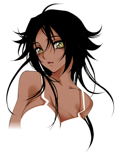 1girl artist_request black_hair bleach blending breasts brown_eyes cleavage dark_skin dress huge_breasts long_hair shihouin_yoruichi solo white_dress yellow_eyes