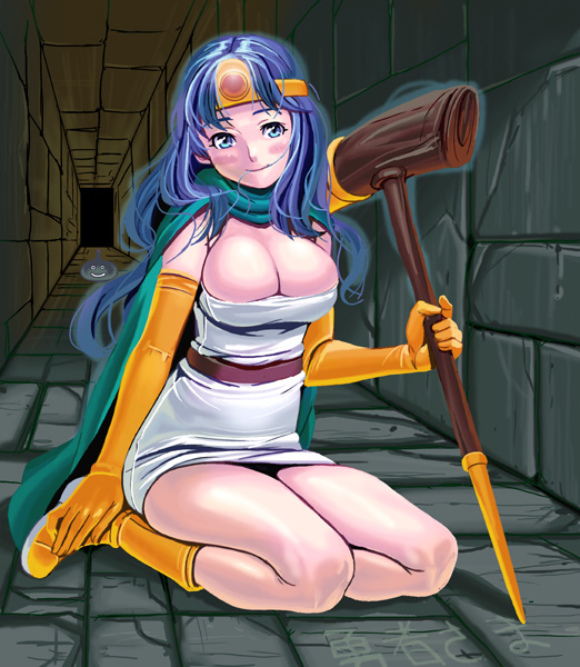 1girl blue_eyes blue_hair blush boots breasts cape chunsoft circlet cleavage dragon_quest dragon_quest_iii elbow_gloves enix gloves hair_in_mouth hat huge_breasts indoors kneeling long_hair masao miniskirt sage_(dq3) skirt solo staff tiara