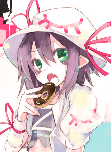 1girl doughnut eating fang food green_eyes hat lowres merry_nightmare pointy_ears purple_hair ribbon solo ushiki_yoshitaka yumekui_merry