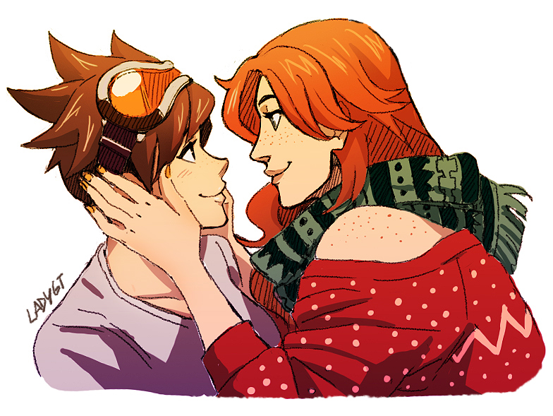 artist_name bare_shoulders brown_hair emily_(overwatch) face-to-face freckles goggles goggles_on_head green_scarf hands_on_another's_face ladygt93 long_hair looking_at_another nail_polish orange_hair overwatch scarf short_hair smile tracer_(overwatch) yuri