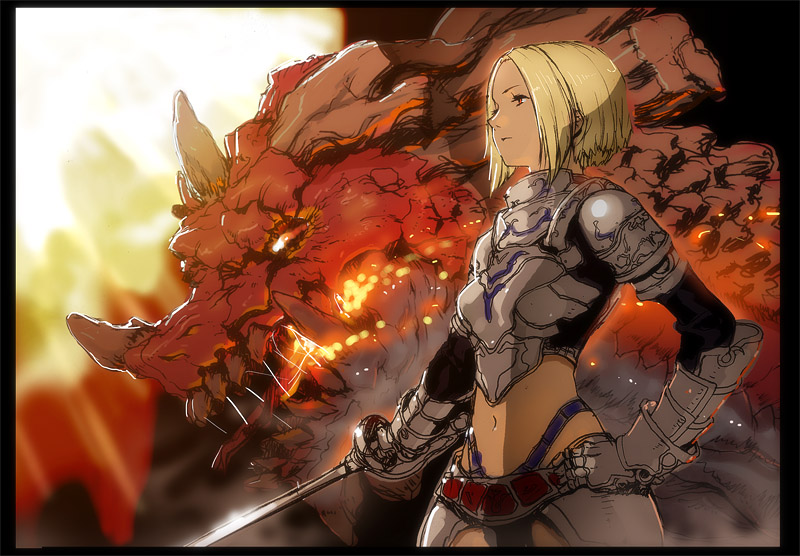 1girl a'j armor crusader dragon fantasy human_(lineage_2) lineage lineage_2 midriff red_eyes solo sword weapon