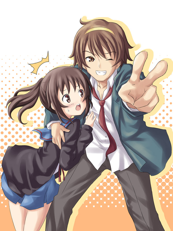 1boy 1girl dekosuke genderswap genderswap_(mtf) kyonko one_eye_closed ponytail suzumiya_haruhi suzumiya_haruhi_no_yuuutsu suzumiya_haruhiko suzumiya_haruhiko_no_yuuutsu v wink