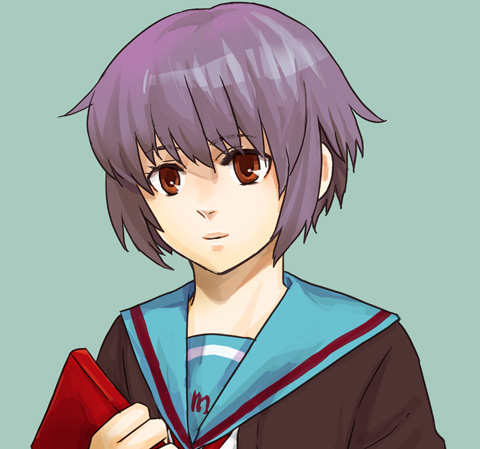1girl book cardigan karakuri_chouchou koaki lowres nagato_yuki purple_hair school_uniform serafuku short_hair solo suzumiya_haruhi_no_yuuutsu