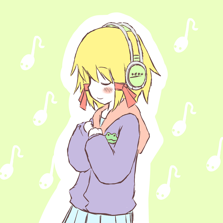 1girl alternate_costume any_(artist) any_(lucky_denver_mint) bad_id blonde_hair closed_eyes contemporary female hair_ribbon headphones hood hoodie listening_to_music moriya_suwako musical_note ribbon short_hair solo touhou