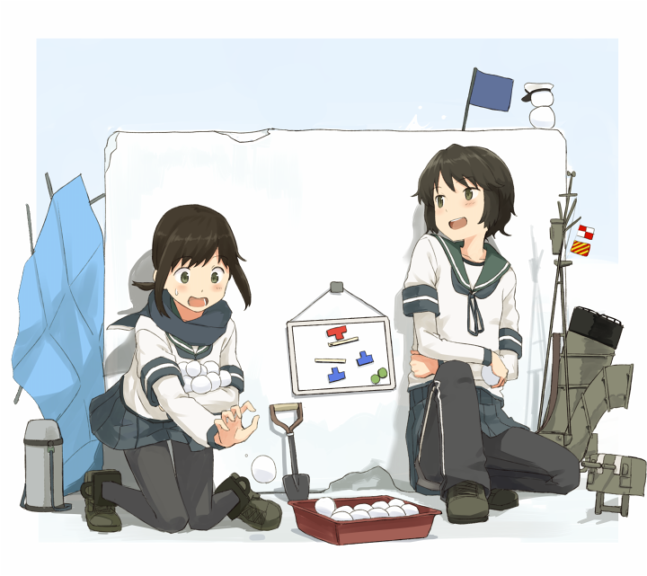 2girls board entrenching_tool flag fubuki_(kantai_collection) hat kantai_collection kawashina_(momen_silicon) military_hat miyuki_(kantai_collection) multiple_girls open_mouth rigging school_uniform shovel smile smokestack snow snowball snowman thermos turret wall worktool