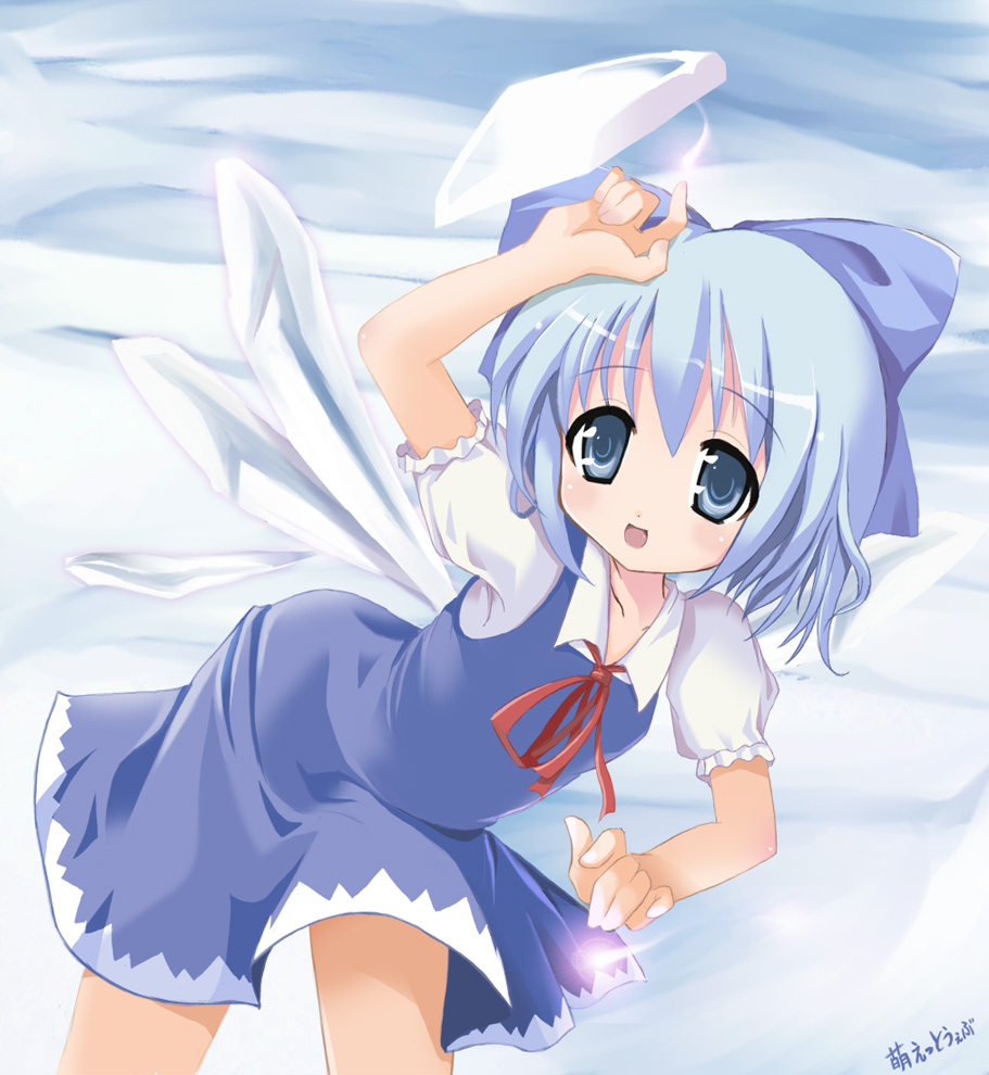 1girl blue_eyes blue_hair bow cirno fairy female ice perfect_cherry_blossom ribbon smile solo tomusooya touhou wings