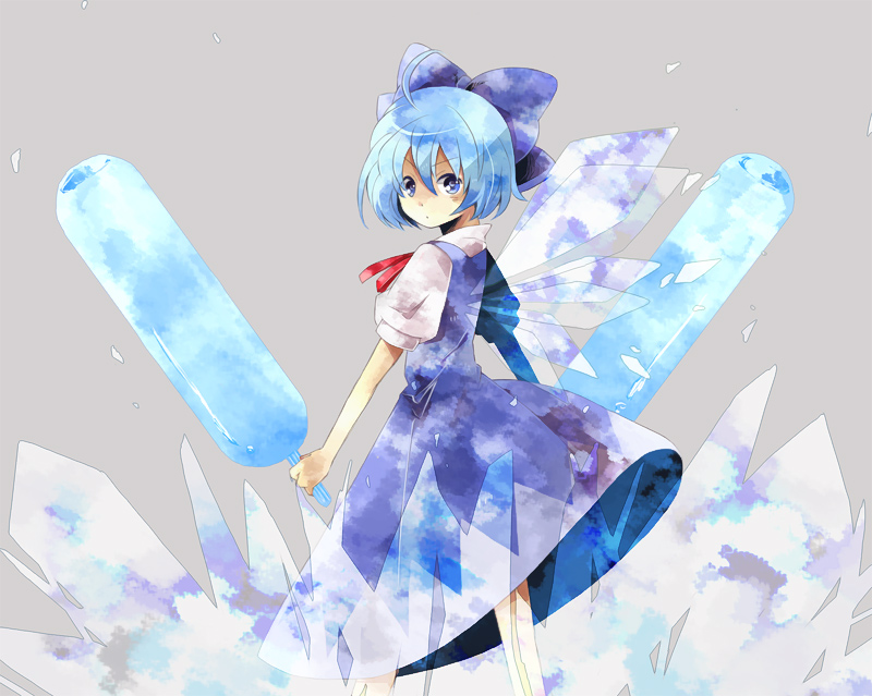1girl bad_id blue_hair bow cirno crystal dual_wielding female hino_(moca) ice ribbon short_hair solo sword the_embodiment_of_scarlet_devil touhou weapon