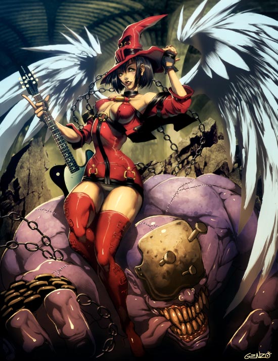 1girl angel_wings arc_system_works boots breasts chains erect_nipples genzoman guilty_gear guitar hat i-no instrument large_breasts legs lips monster nipples skin_tight solo thigh-highs thigh_boots wings witch