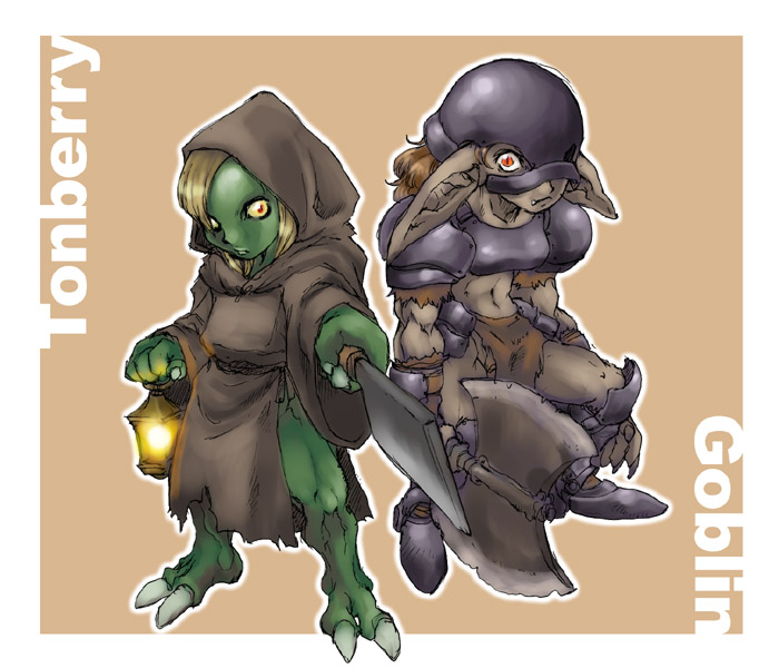 2girls armor axe blonde_hair brown_background brown_hair character_name claws dark_skin fang final_fantasy final_fantasy_xi genderswap goblin goblin_(final_fantasy) green_skin grey_skin hatchet helmet hood knife lantern looking_at_viewer monster_girl multiple_girls pointy_ears red_eyes robe text tomotsuka_haruomi tonberry weapon yellow_eyes