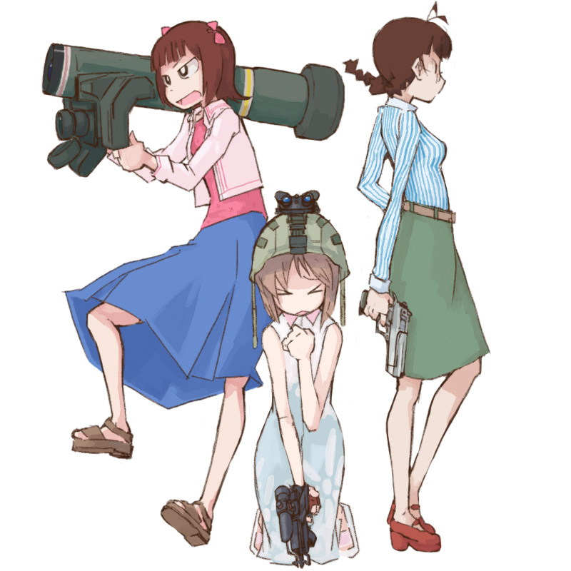 3girls akizuki_ritsuko amami_haruka bazooka brown_hair call_of_duty call_of_duty_4 desert_eagle gun hagiwara_yukiho handgun helmet idolmaster javelin javelin_missile kevlar multiple_girls night_vision_device pistol rocket_launcher sandals skirt skorpion skorpion_vz._61 submachine_gun tugeneko weapon