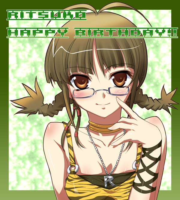 1girl adjusting_glasses ahoge akizuki_ritsuko blush braid breasts brown_eyes brown_hair choker cleavage closed_mouth collarbone cool_&amp;_sexy_(idolmaster) female glasses idolmaster jewelry kantaka looking_at_viewer necklace pendant short_twintails smile solo twin_braids twintails upper_body