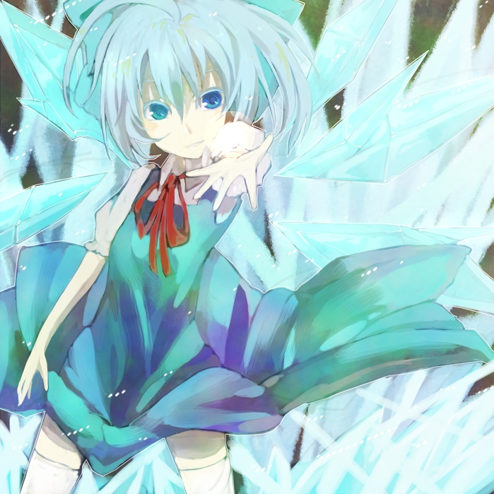 1girl bad_id blue_eyes blue_hair cirno crystal dress eryngii_yoko female hands ice outstretched_arm outstretched_hand reaching ribbon short_hair solo thigh-highs touhou wings