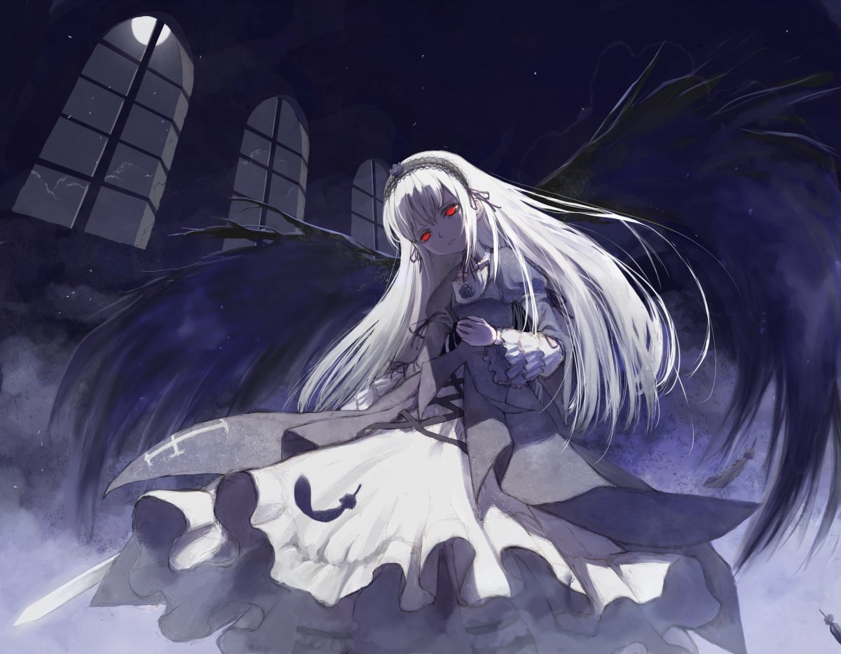 00s black_wings feathers long_hair moon red_eyes rozen_maiden shiden suigintou sword weapon white_hair wings