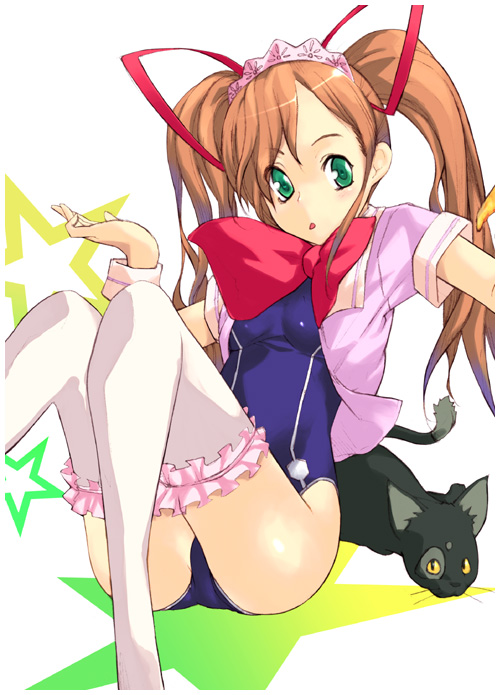 1girl brown_hair cat code_geass green_eyes nabeshiki nabeshiki_(rakuneko_yashiki) no_pants one-piece_swimsuit school_swimsuit shirley_fenette solo swimsuit swimsuit_under_clothes thigh-highs twintails