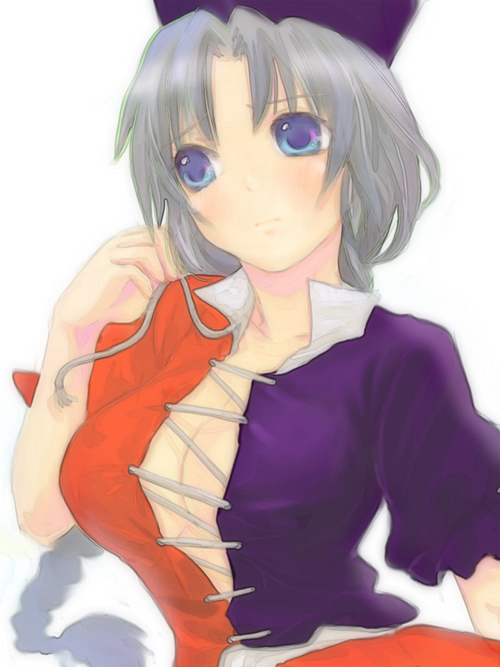 1girl bangs blue_eyes braid breasts center_opening cleavage female frown grey_hair hat head_tilt hechima_(32) long_hair looking_away no_bra parted_bangs simple_background solo touhou upper_body white_background yagokoro_eirin