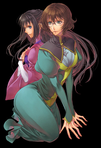 2girls black_hair blue_eyes brown_hair full_body glasses gundam gundam_00 long_hair marina_ismail matsuo multiple_girls shirin_bakhtiar short_hair simple_background